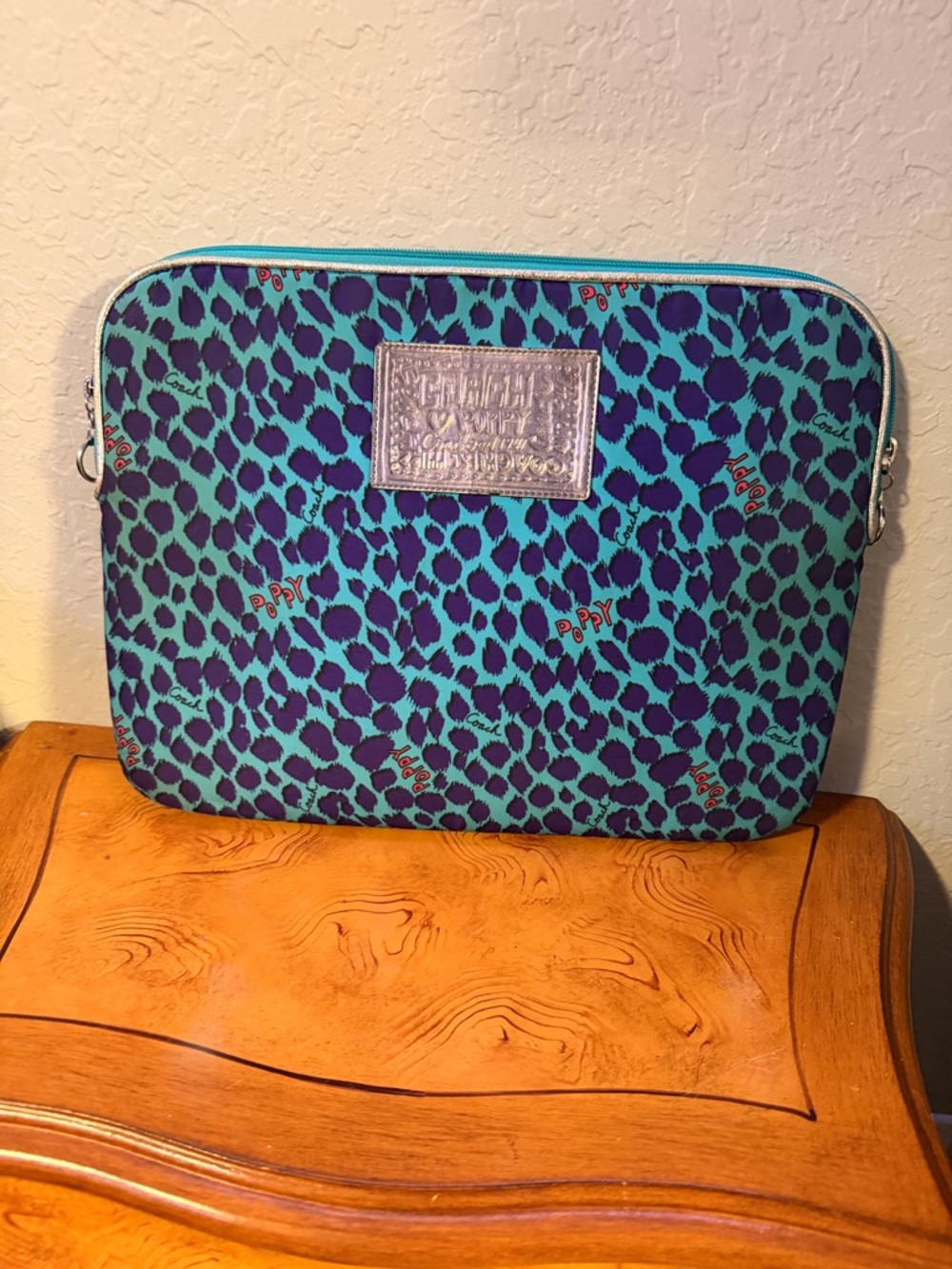 Coach Teal and Purple Leopard Poppy Zip Pouch